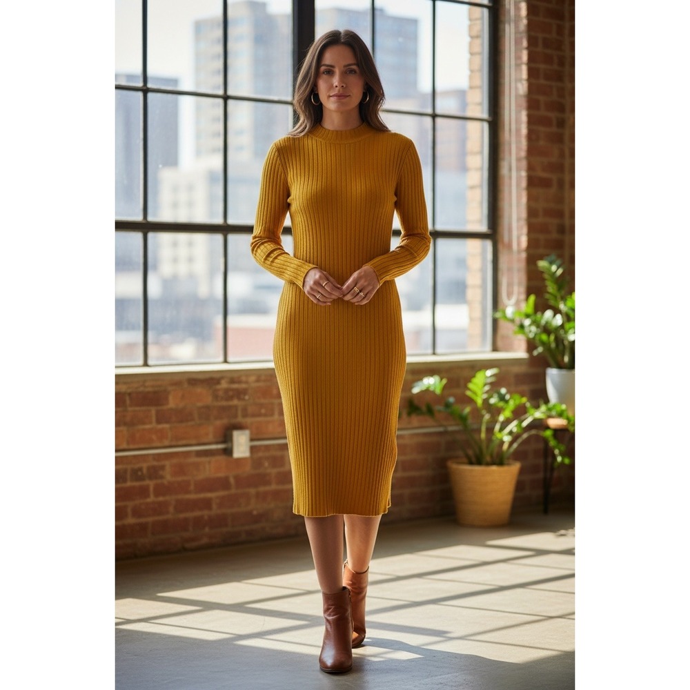 Select + Trend Ribbed Knit Sweater‎ Dress Womens M Mustard NWT Mock Neck Midi